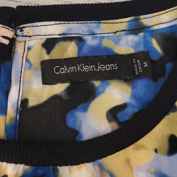 Calvin Klein Jeans Blue Yellow Abstract Dots Sleeveless Keyhole Womens Size Med - Picture 3 of 5